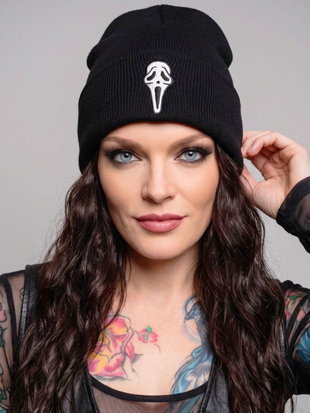 Ghost Face ✦ Black Knit Beanie Embroidered White Mask ✦ Stretch Horror Scream OS